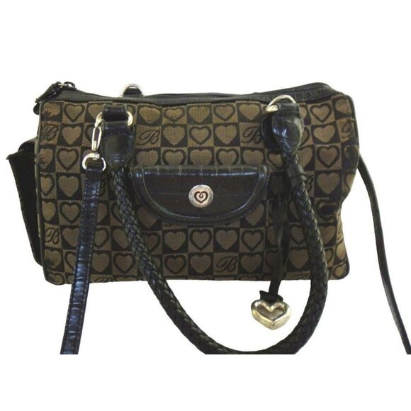 Brighton Satchel Handbag Braided Double Handles Leather Trim Black & Taupe Heart - Picture 1 of 12